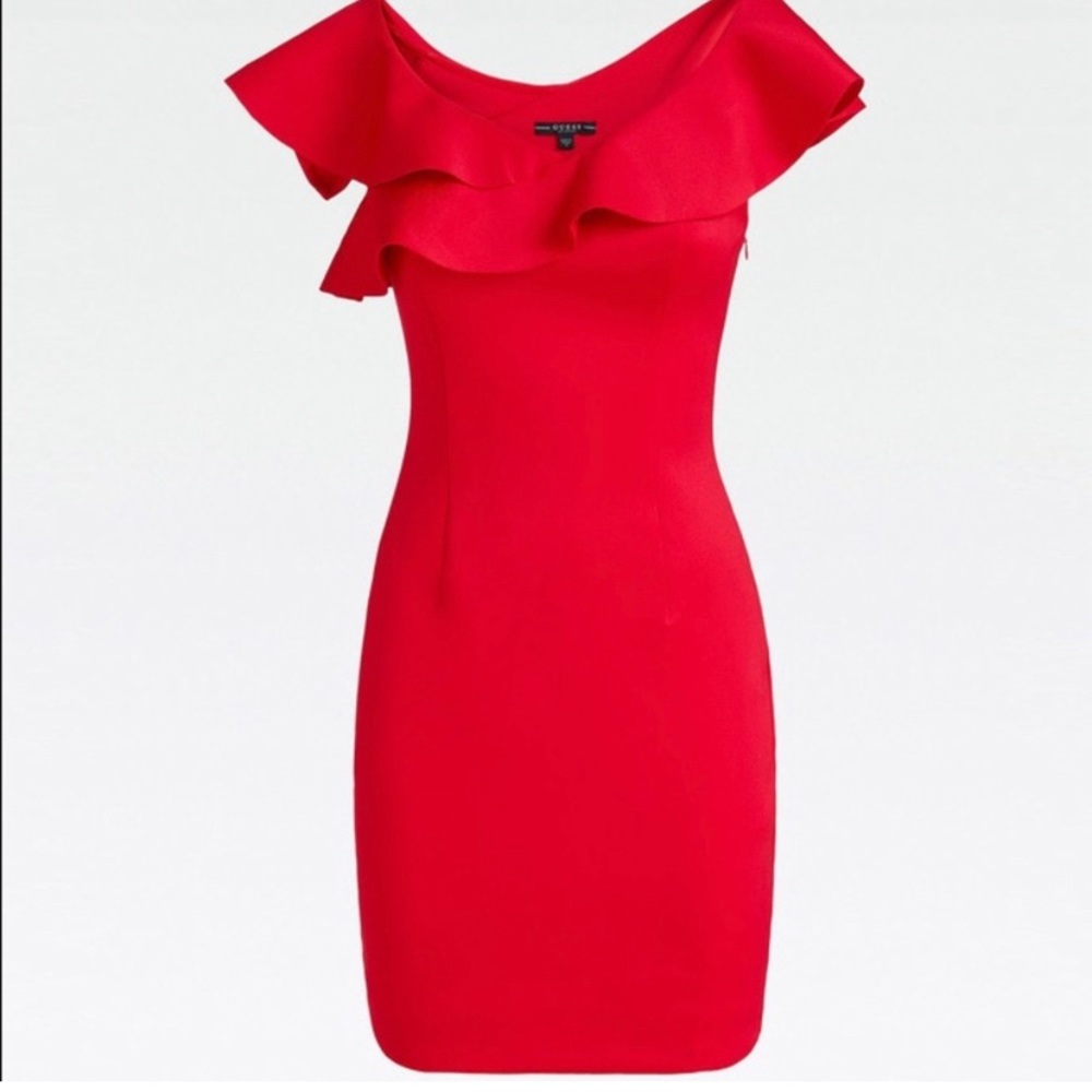 Guess Red Scuba Ruffle Off the Shoulder Dress